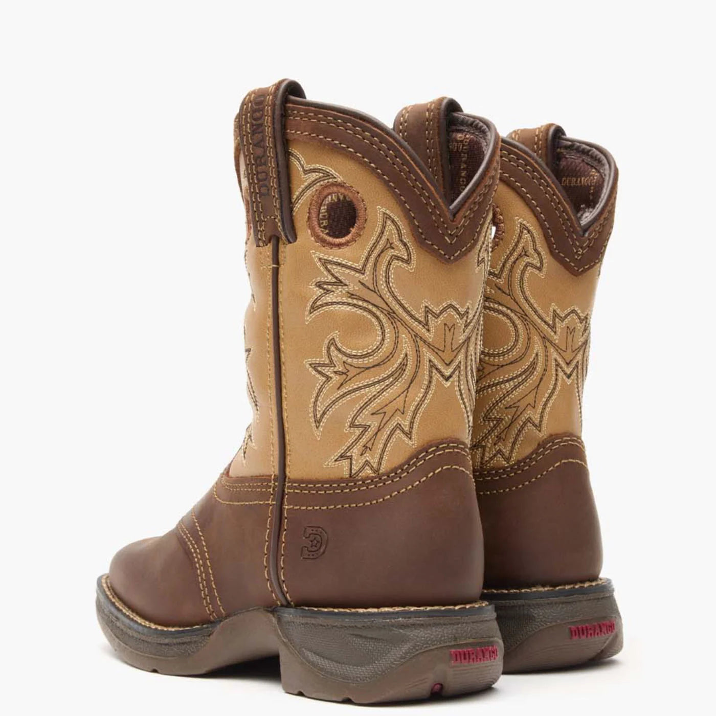Cowboy City Western Wear Durango boys' brown leather western boots with tan shaft and square toe, back view.
