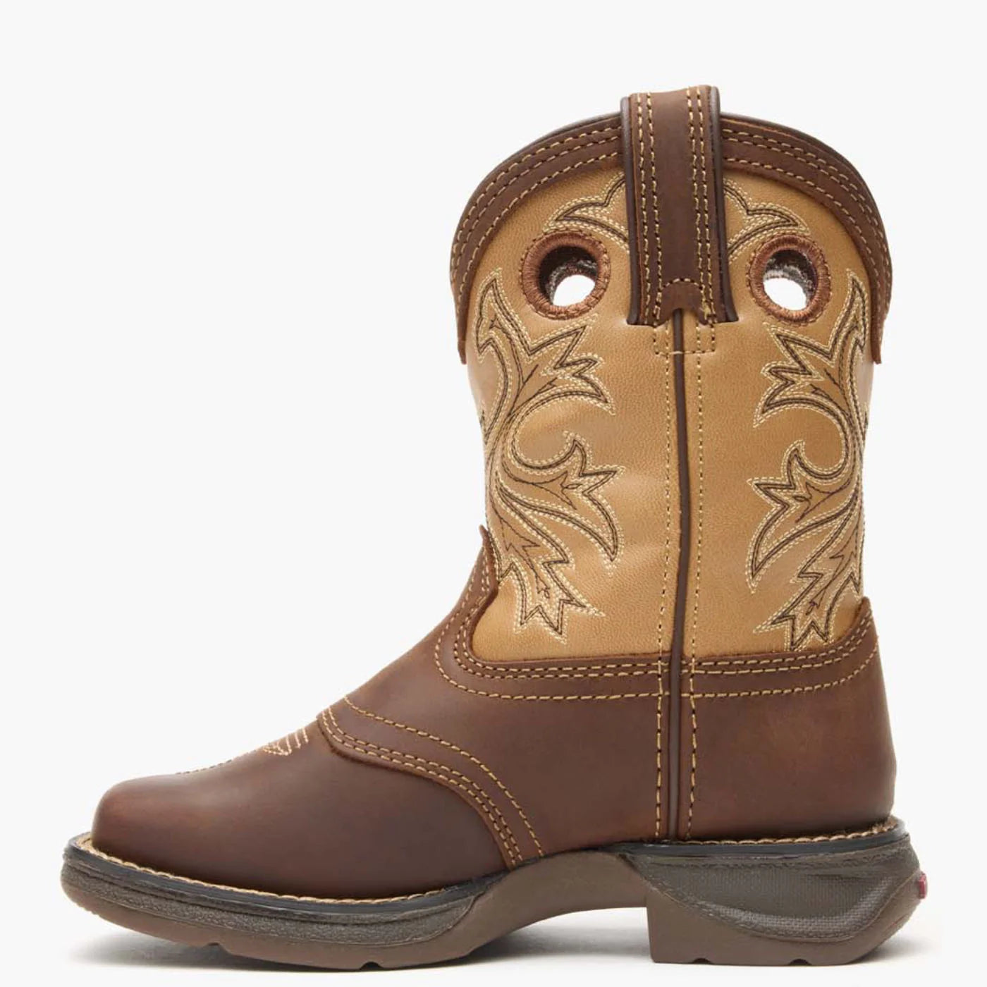 Cowboy City Western Wear Durango boys' brown leather western boots with tan shaft, square toe, and pull-on tabs.