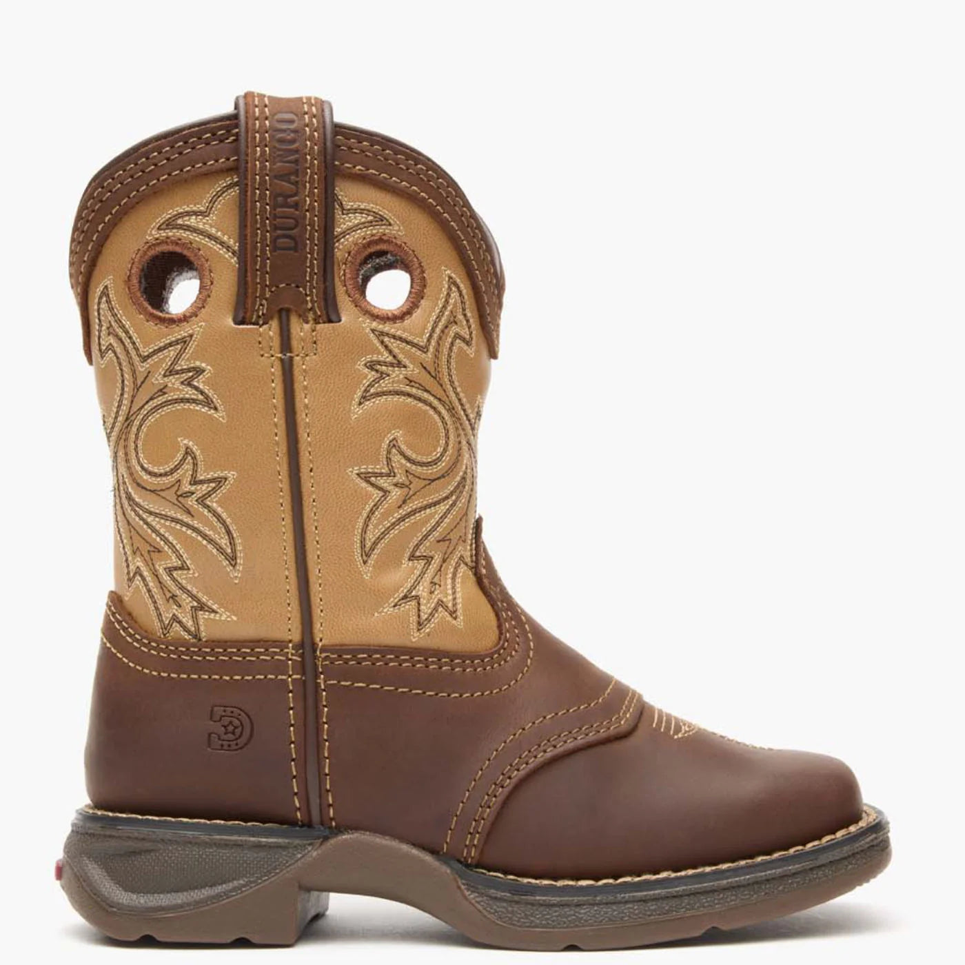 Cowboy City Western Wear Durango boys' Lil Rebel western boots featuring brown leather and tan shaft with square toe.