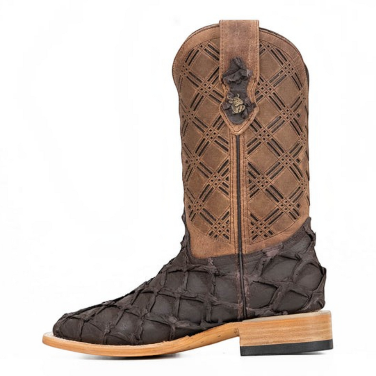 Cowboy City Western Wear Bradley matte brown pirarucu leather cowboy boot with laser-cut shaft and square toe