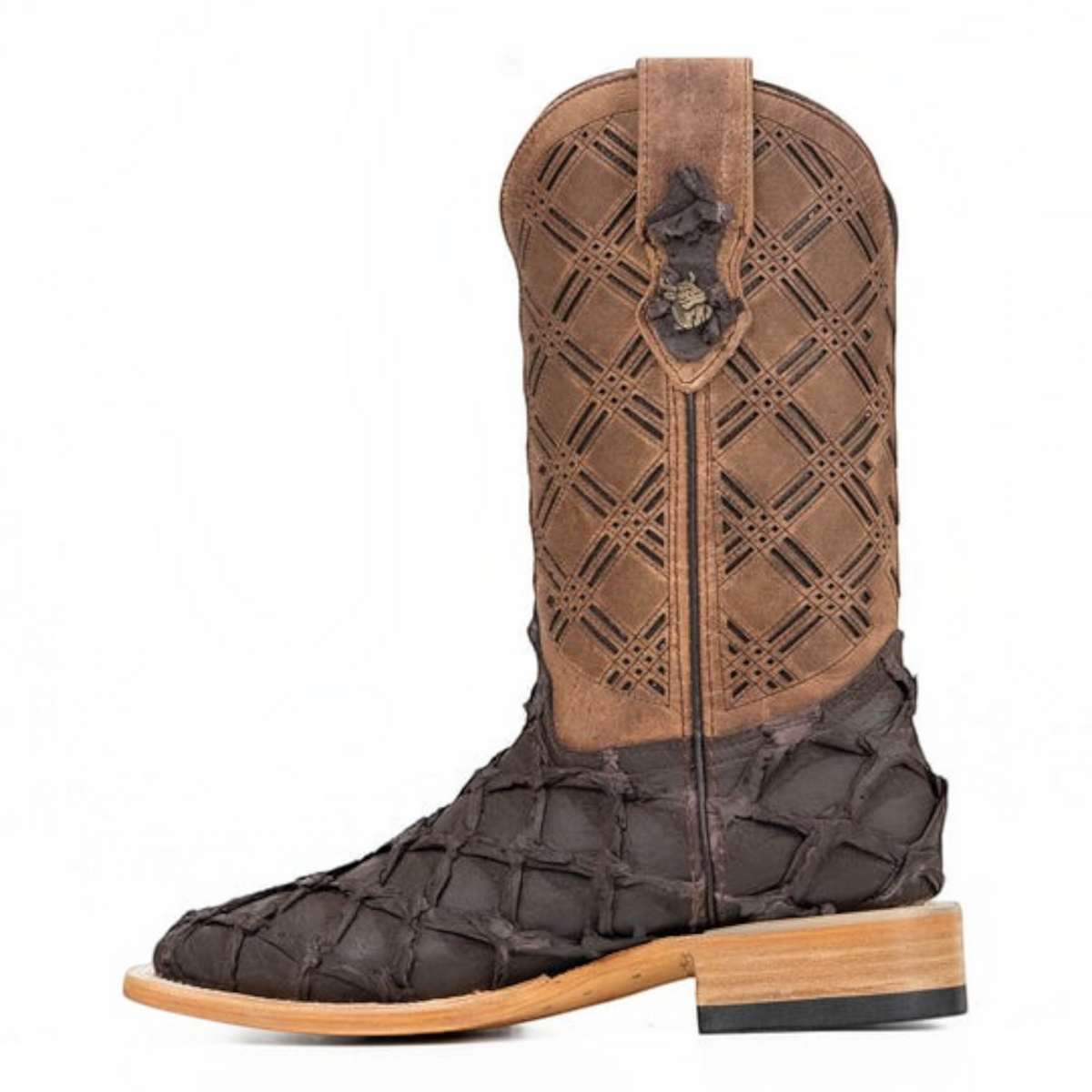 Cowboy City Western Wear Bradley matte brown pirarucu leather cowboy boot with laser-cut shaft and square toe