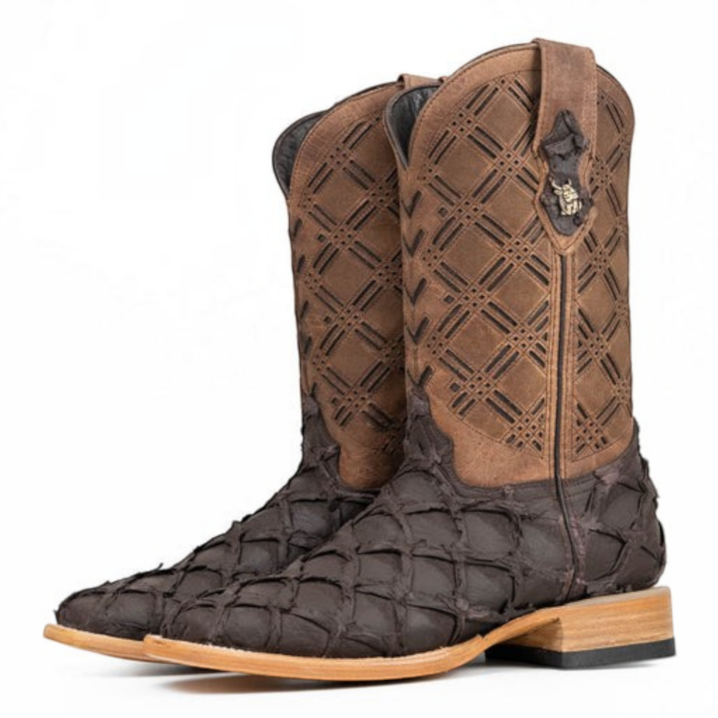 Cowboy City Western Wear Bradley matte brown pirarucu print leather cowboy boots with square toe and laser-cut shaft