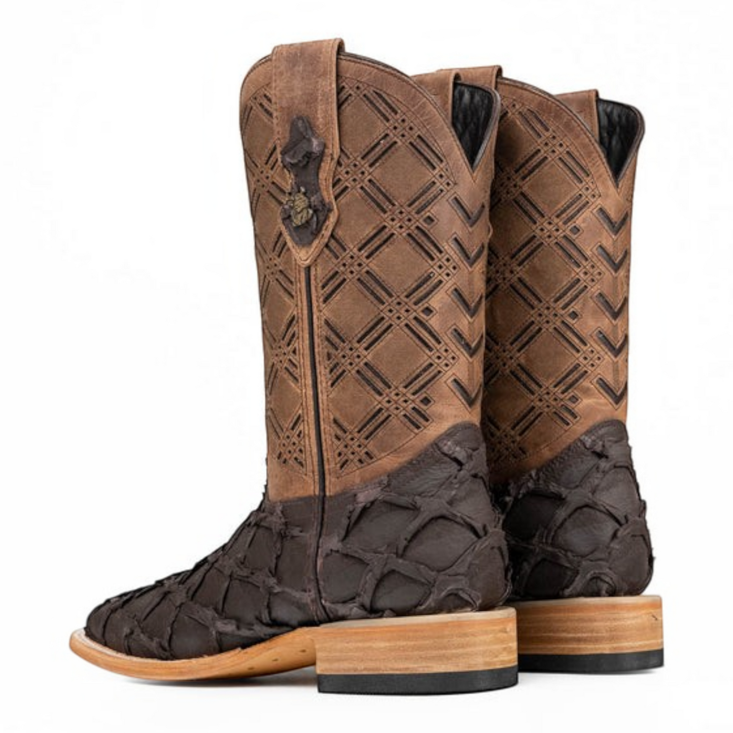 Cowboy City Western Wear Bradley matte brown square toe cowboy boots with pirarucu leather print and geometric shaft