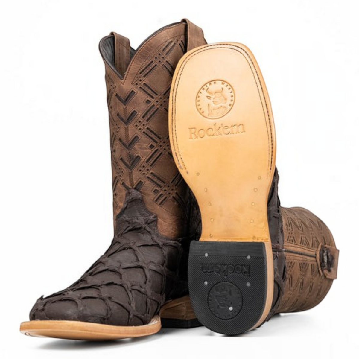 Cowboy City Western Wear Bradley matte brown pirarucu print leather cowboy boots with laser-cut shaft and square toe