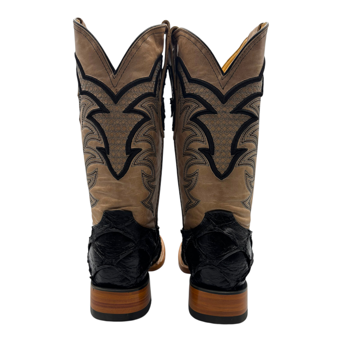 Cowboy City Western Wear men's western boots featuring a tan shaft with black embroidery and textured black leather heel