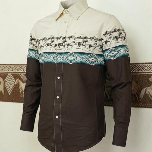 Cowboy City Western Wear men's long sleeve snap shirt in brown and tan with a cowboy border print and geometric design.
