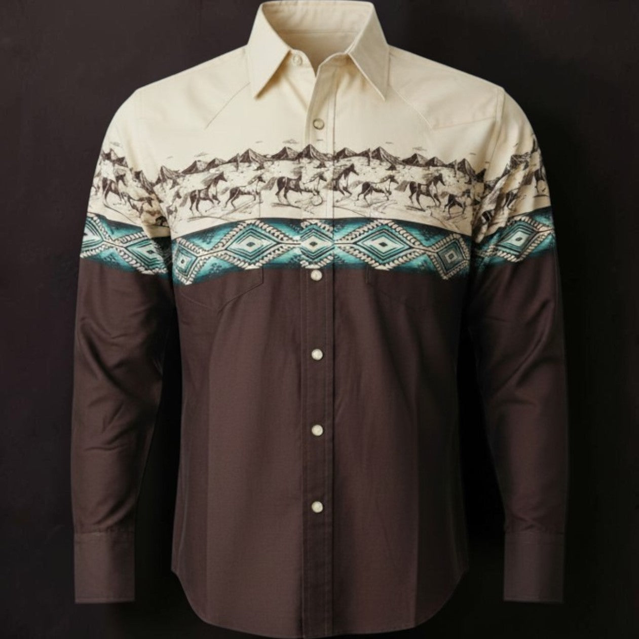 Cowboy City Western Wear men's long sleeve snap shirt featuring a brown and tan color block with cowboy border print.