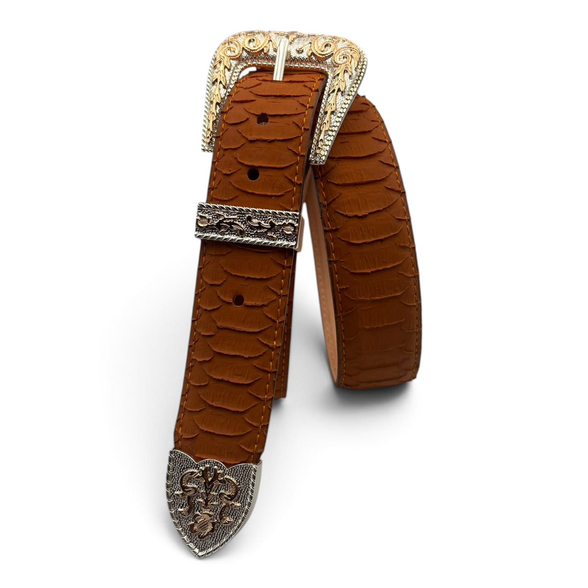 Cowboy City Western Wear miel brown python print leather belt with ornate silver and gold 3-piece buckle set