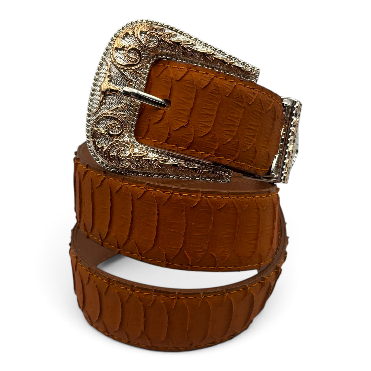 Cowboy City Western Wear miel brown clone python textured leather belt with an ornate silver 3-piece buckle set.