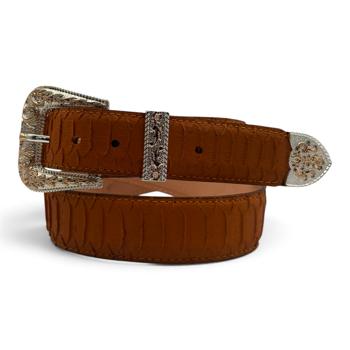 Cowboy City Western Wear men's miel brown clone python leather belt with an ornate silver 3-piece buckle set.