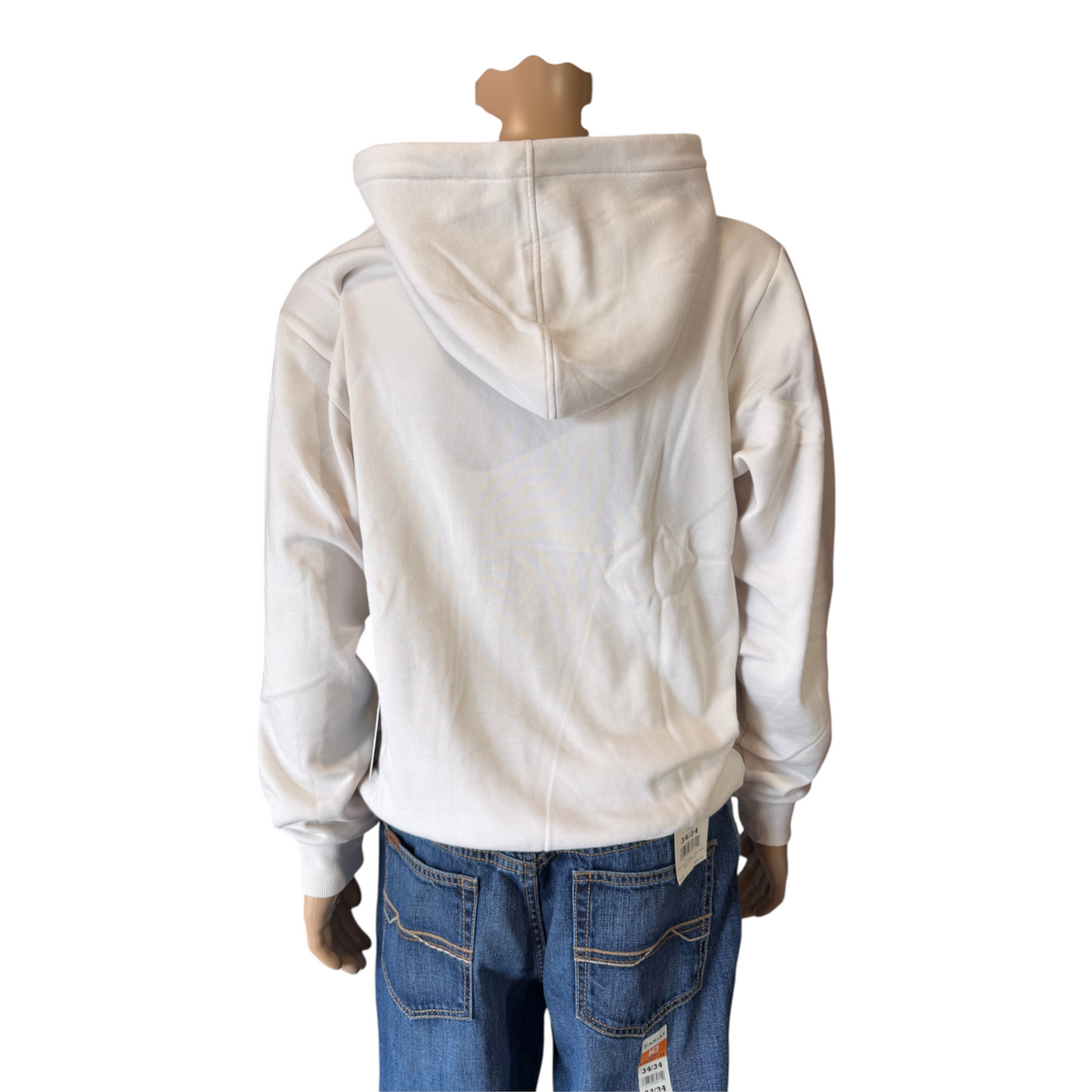 Cowboy City Western Wear natural white polyester pullover hoodie with a hood, shown from the back on a mannequin
