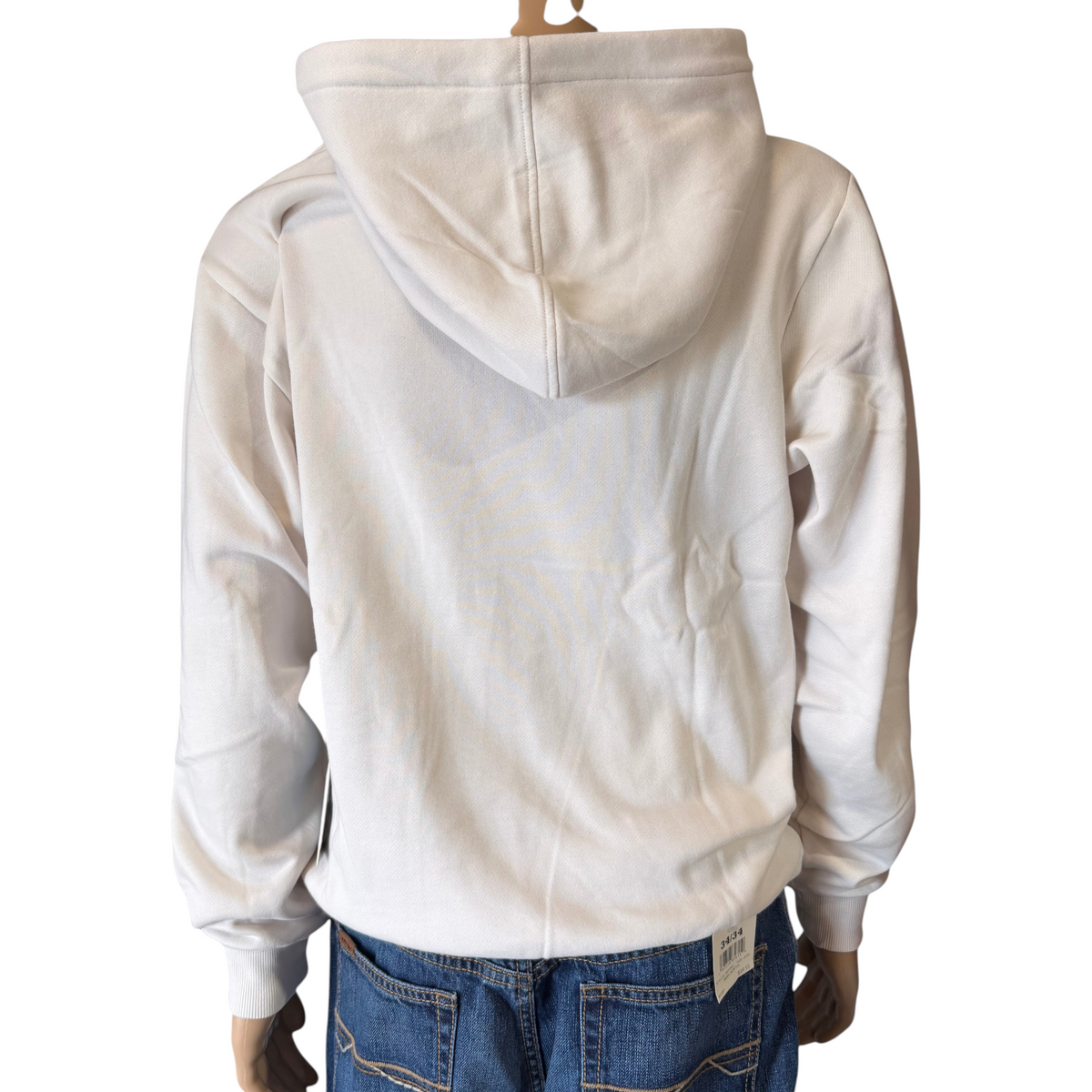 Back view of Cowboy City Western Wear natural polyester pullover hoodie with a hood on a mannequin