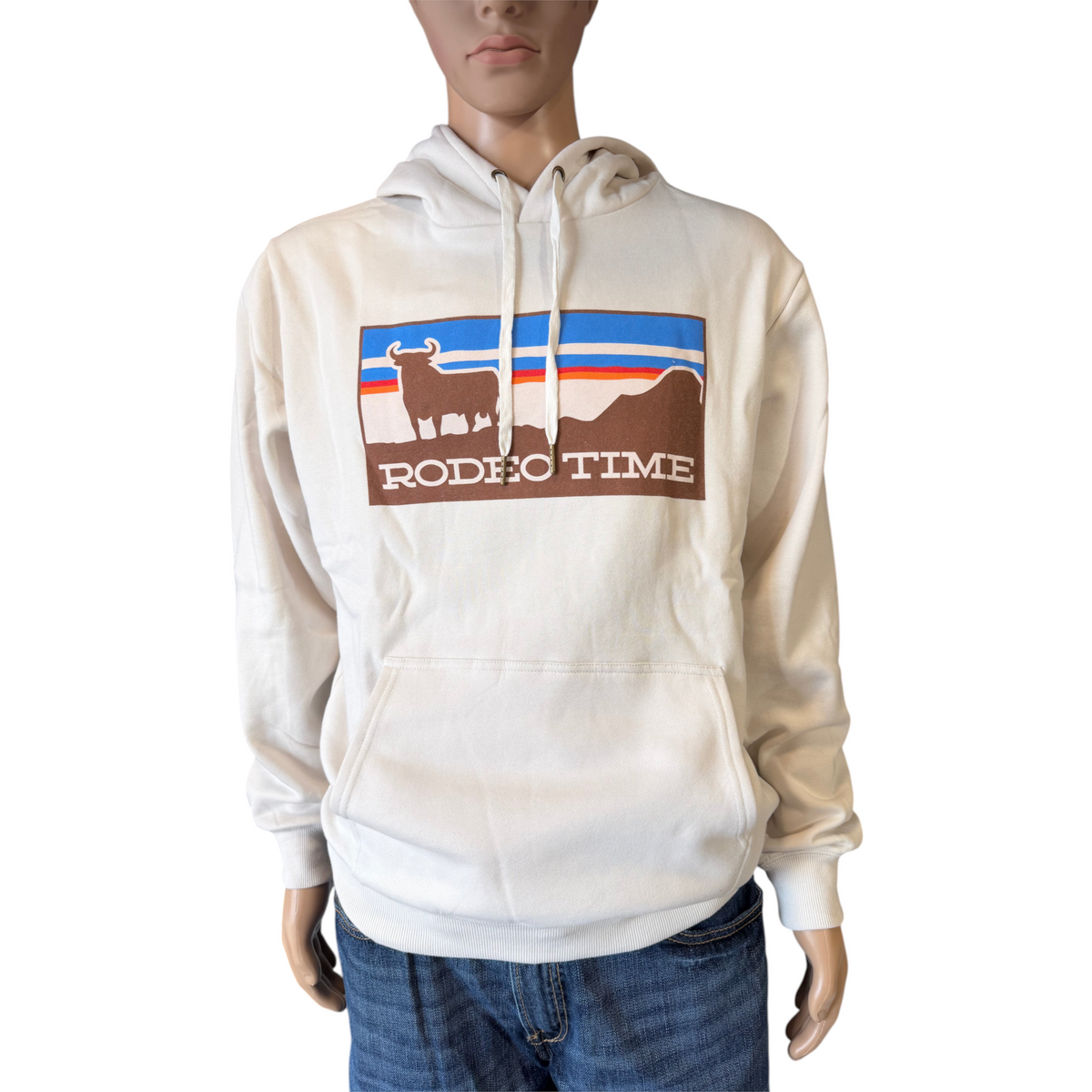 Cowboy City Western Wear natural polyester hoodie featuring a Rodeo Time graphic print and front kangaroo pocket.