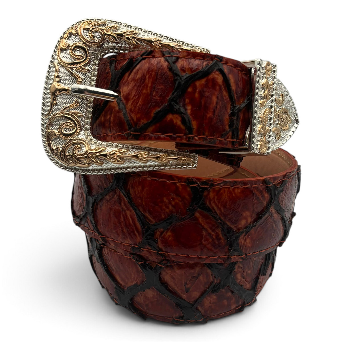 Cowboy City Western Wear brown clone Pirarucu leather belt with an ornate silver and gold 3-piece buckle set.