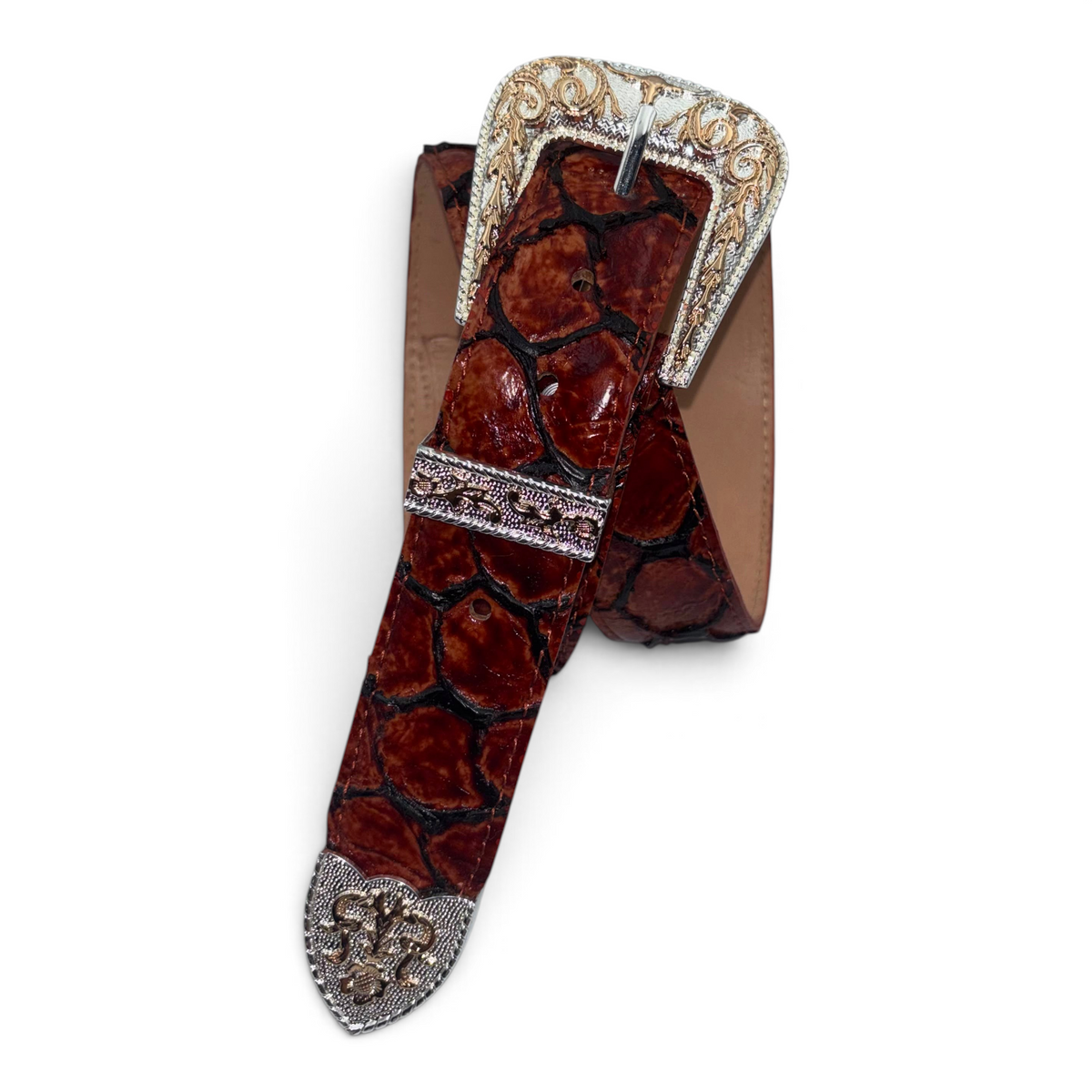 Cowboy City Western Wear brown clone Pirarucu leather belt with an ornate silver 3-piece buckle set