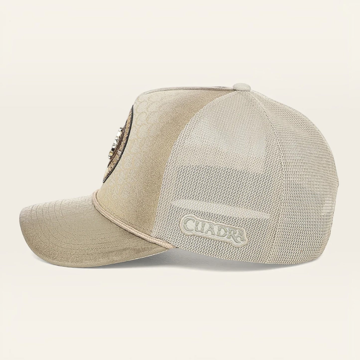 Cowboy City Western Wear tan Cuadra snapback cap with premium leather front panel and side logo embroidery