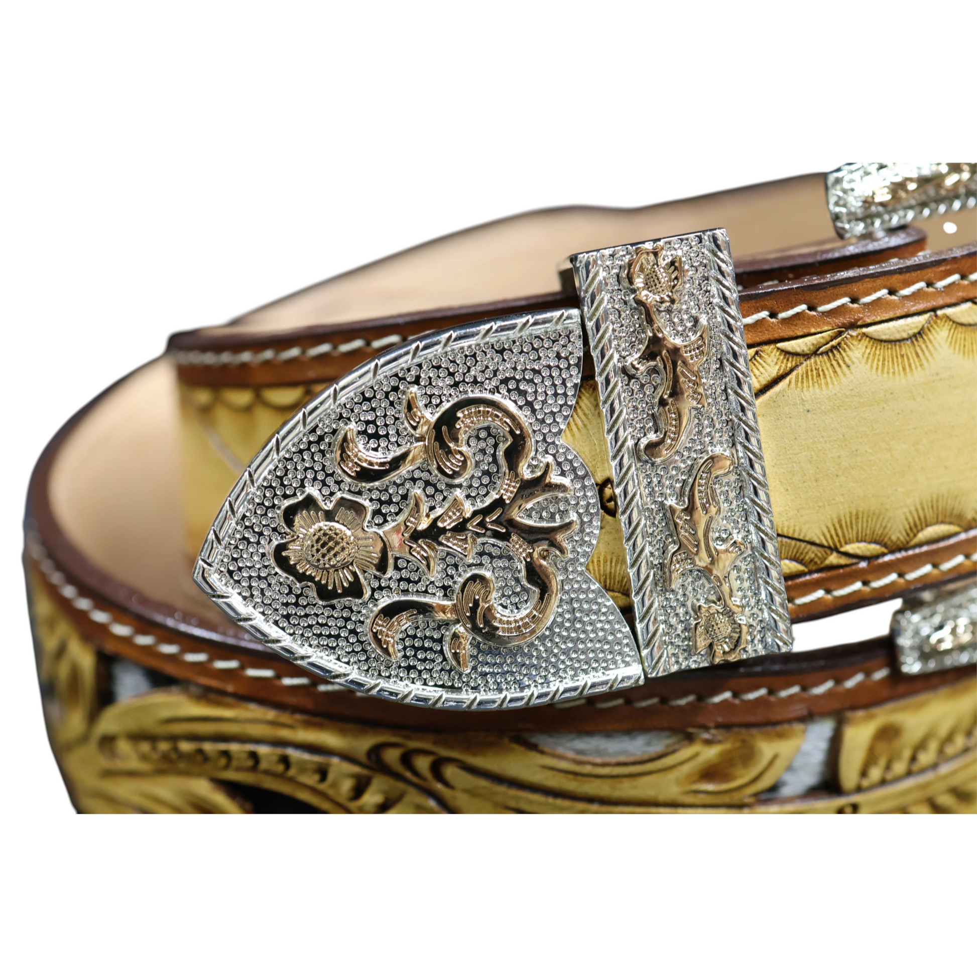Cowboy City Western Wear men's belt with hand-tooled leather, calf hair inlay, and an ornate silver and gold floral buckle.