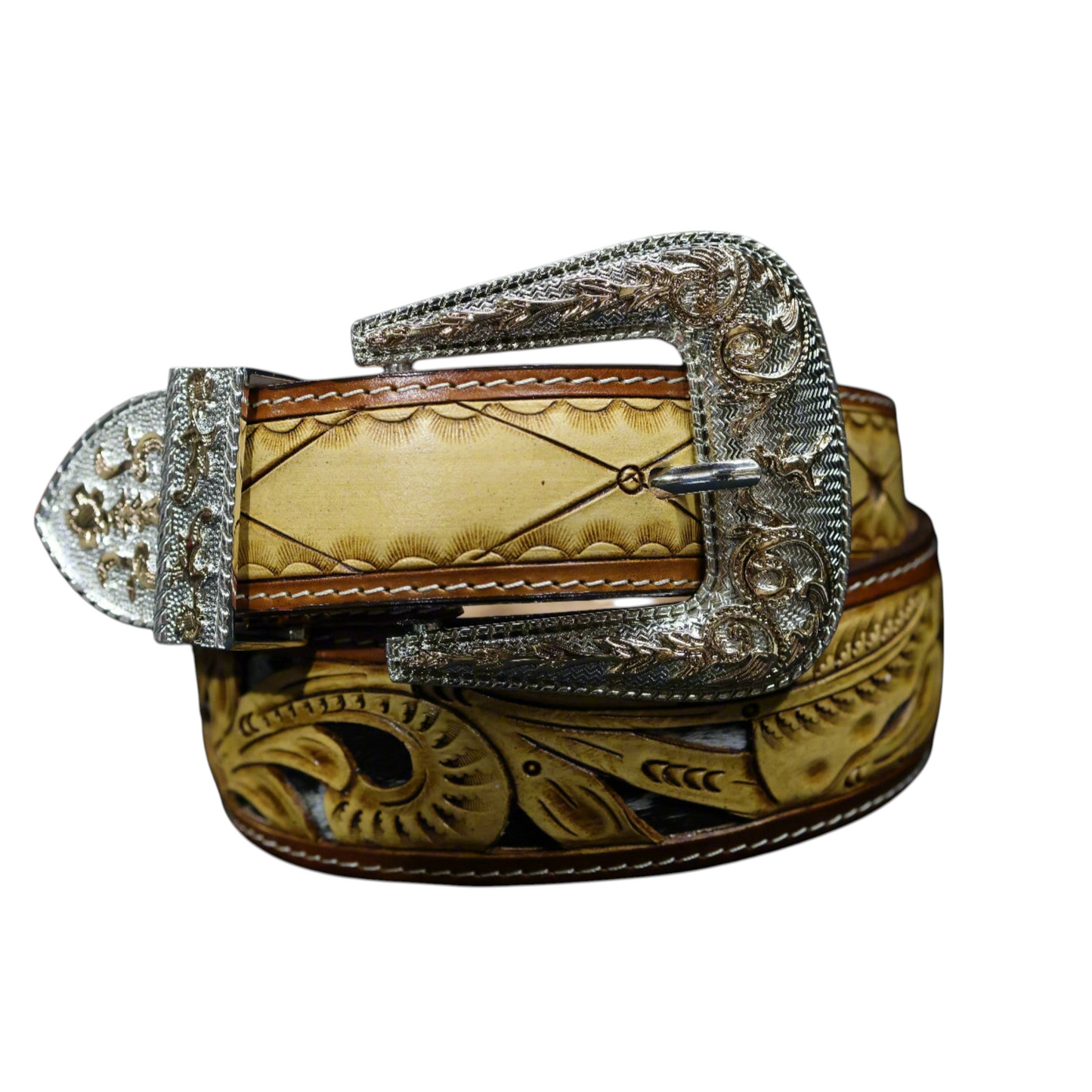 Cowboy City Western Wear men's hand-tooled leather belt with calf hair inlay and antique floral silver-gold buckle.