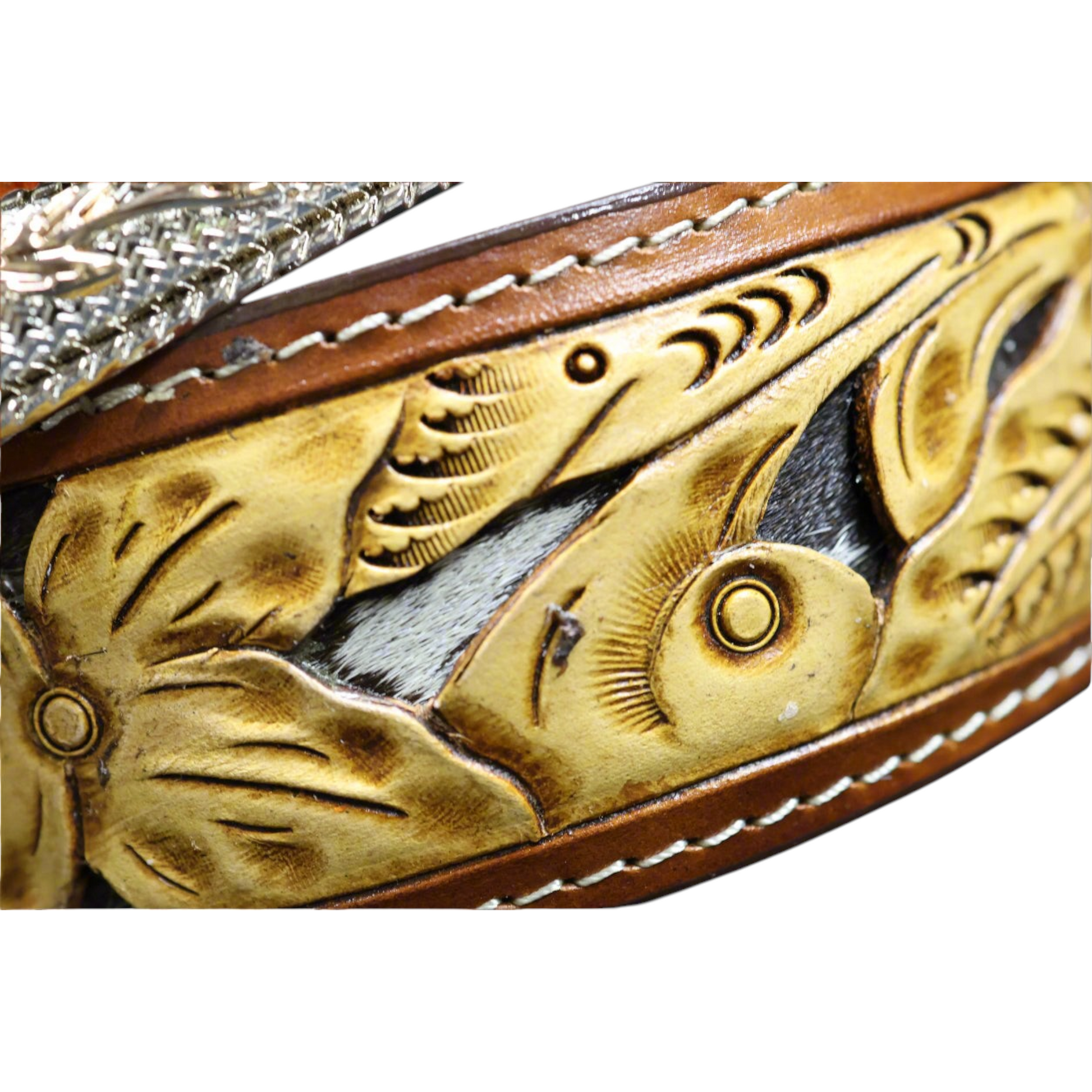 Cowboy City Western Wear hand-tooled leather belt with floral patterns and textured calf hair inlay detail.
