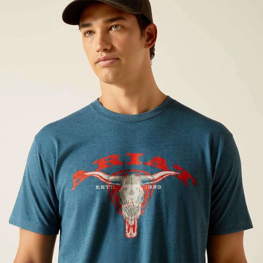 Ariat Mens abilene Skull SS T Shirt Steel Blue Heather 10051392