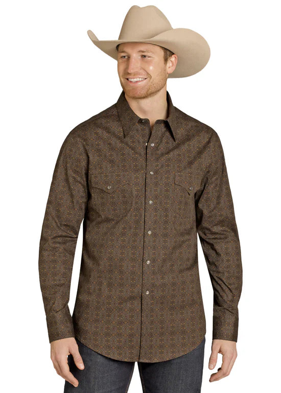 Rock & Roll Denim Men's L/S Dark Brown Medallion Print Button Shirt BMB2S07637