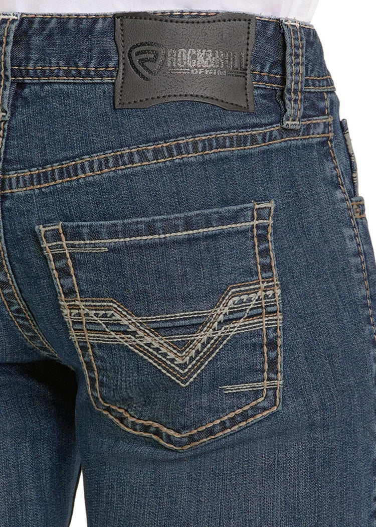 Rock & Roll Men's Medium Wash Regular Fit Ladder Stackable Boot Cut Jeans BMSPD07356