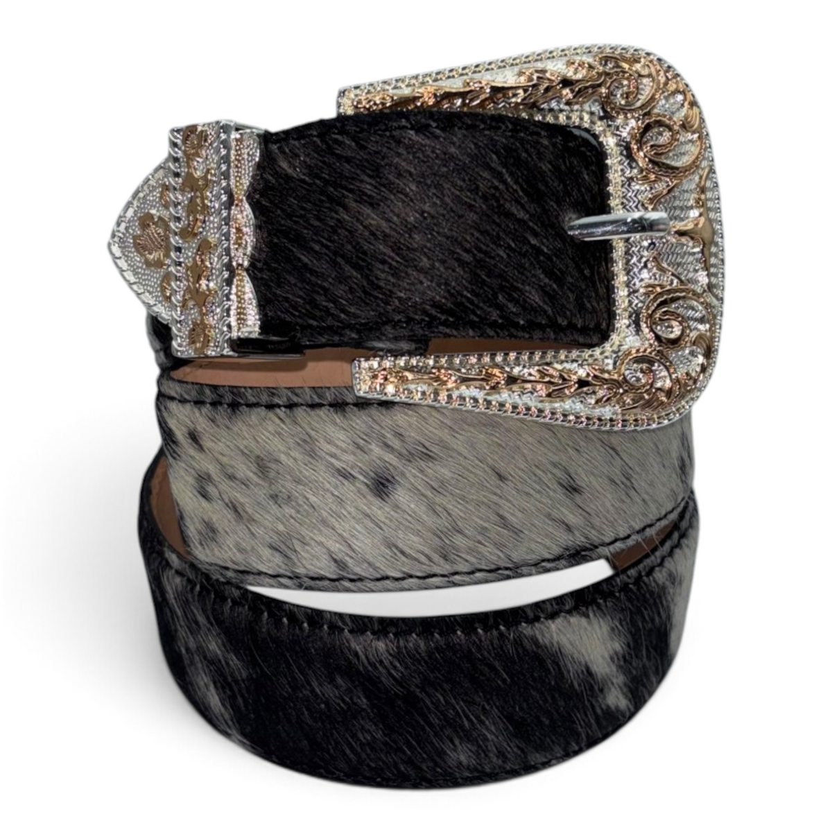 Cowboy City Genuine Cowhide Leather Belt – Black & White Hair-Cowhide |3-Piece Western Buckle Set