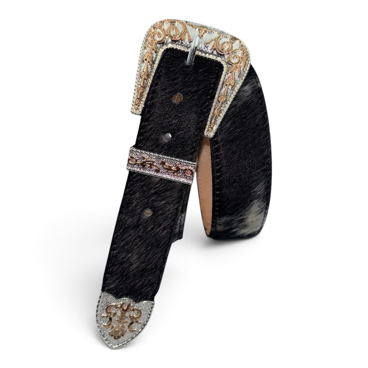 Cowboy City Genuine Cowhide Leather Belt – Black & White Hair-Cowhide |3-Piece Western Buckle Set