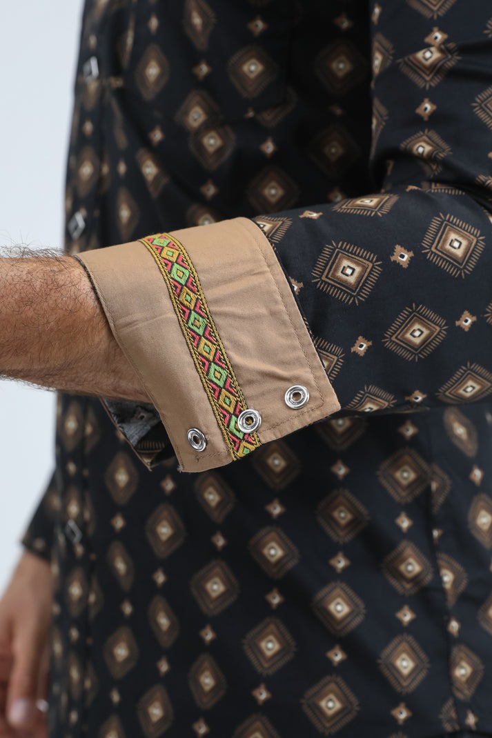 Platini Mens Western Modern Fit Cotton/Spandex Long Sleeve Black Shirt with Snaps 11069