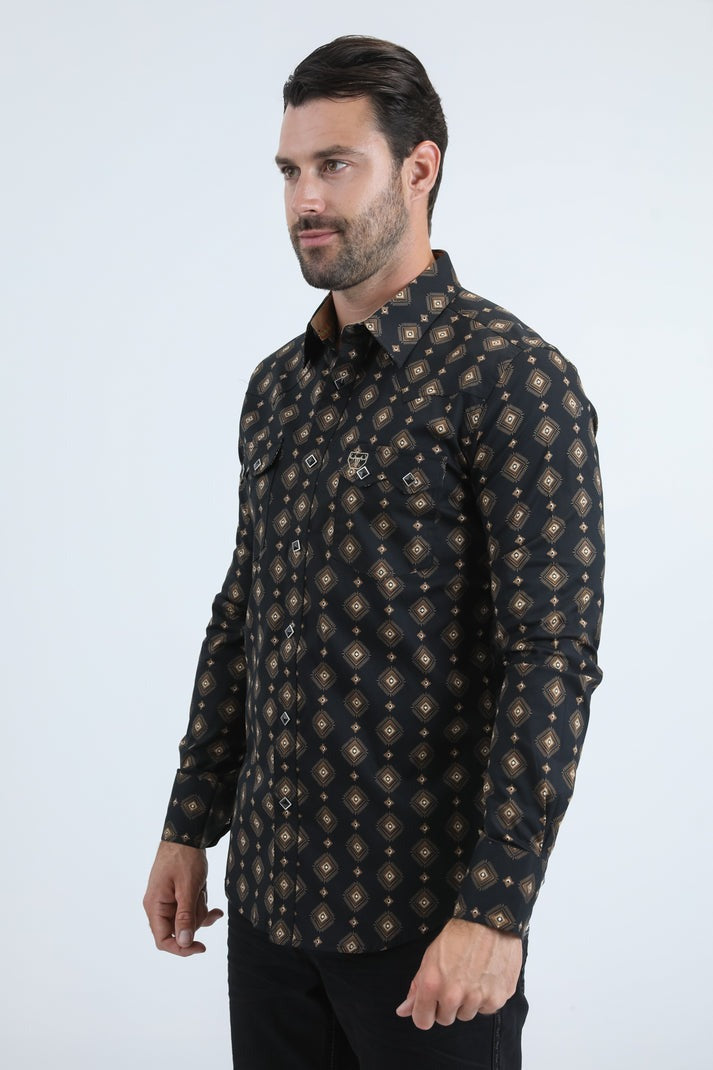 Platini Mens Western Modern Fit Cotton/Spandex Long Sleeve Black Shirt with Snaps 11069