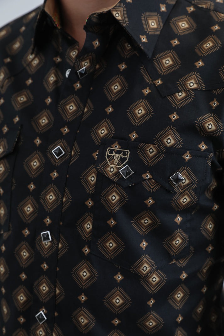 Platini Mens Western Modern Fit Cotton/Spandex Long Sleeve Black Shirt with Snaps 11069