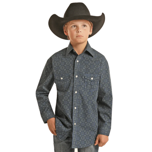 Rock & Roll Denim Boy's Medallion Snap Shirt Navy VNN2S02155