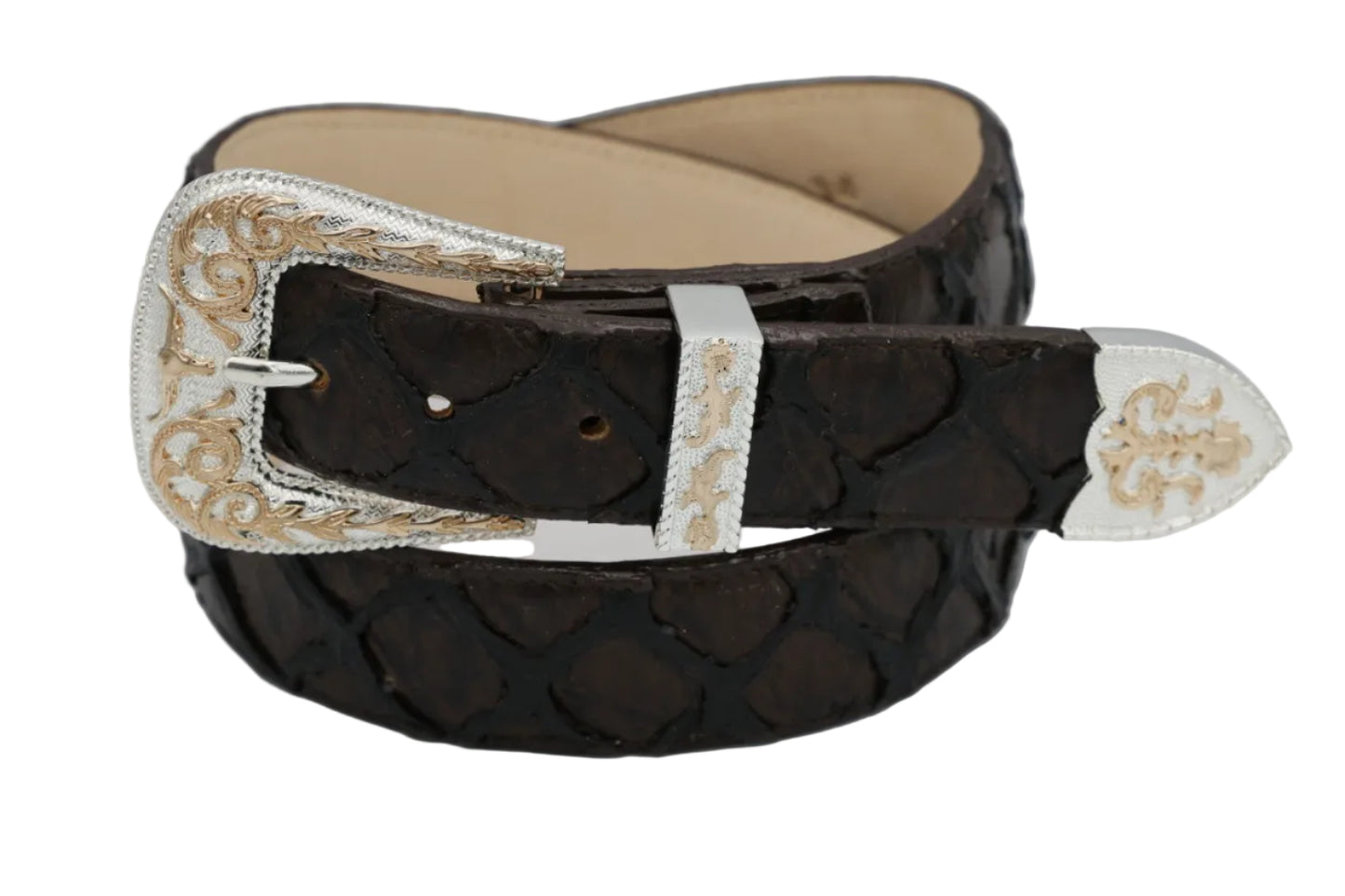 Cowboy City Brown Clone Pirarucu Western Belt + 3-Piece Buckle Set