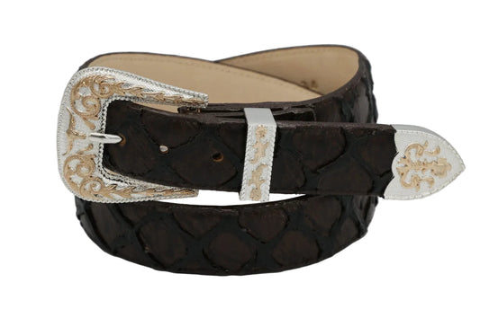 Cowboy City Brown Clone Pirarucu Western Belt + 3-Piece Buckle Set