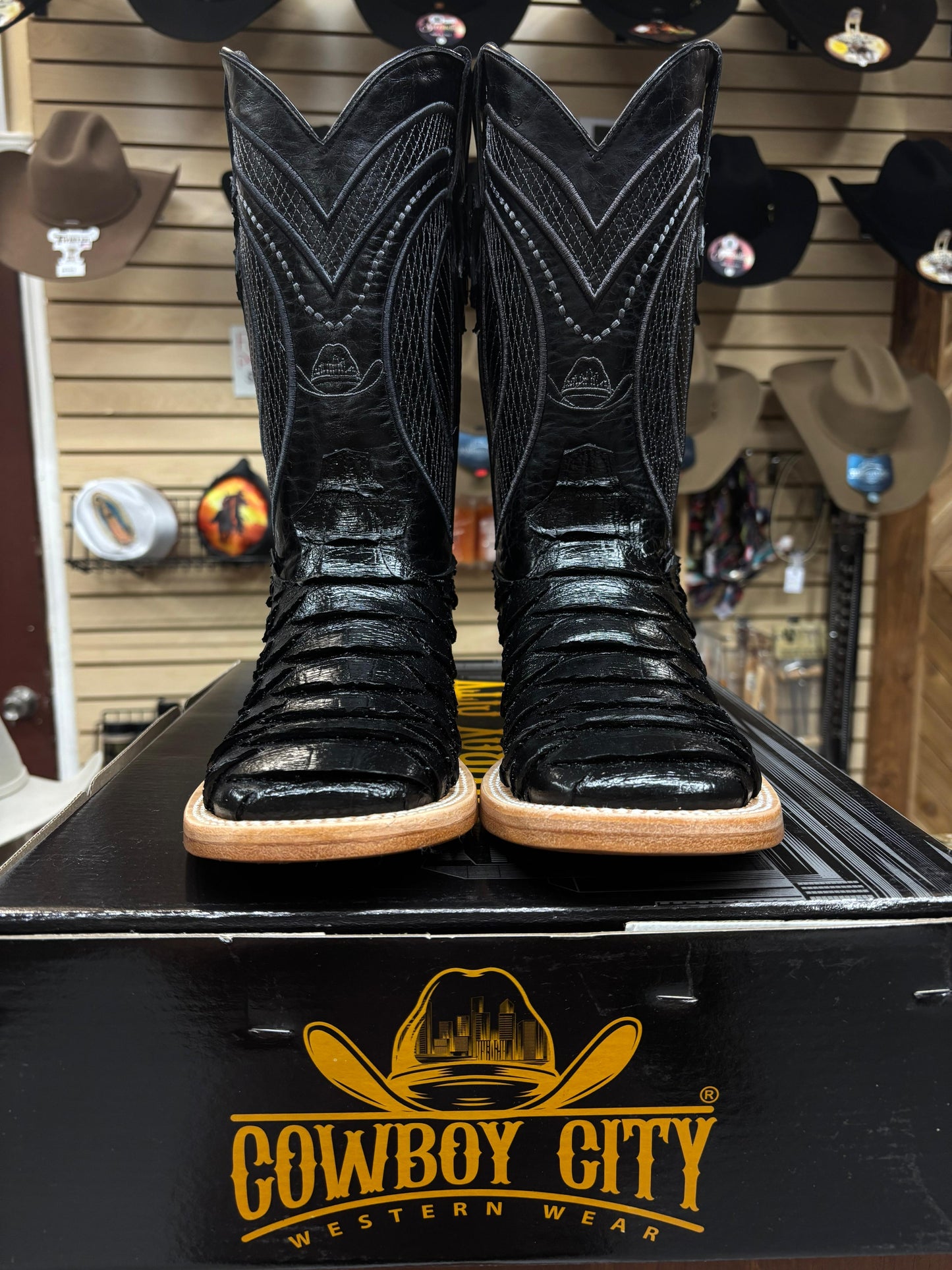 Cowboy City Black Jumbo Python-Print Cowboy Boots