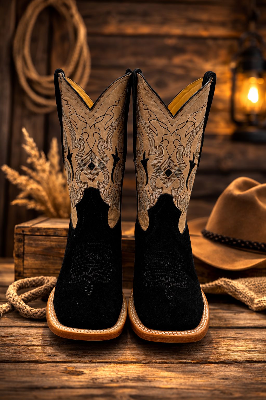 Black Roughout Square Toe Cowboy Boots 262362