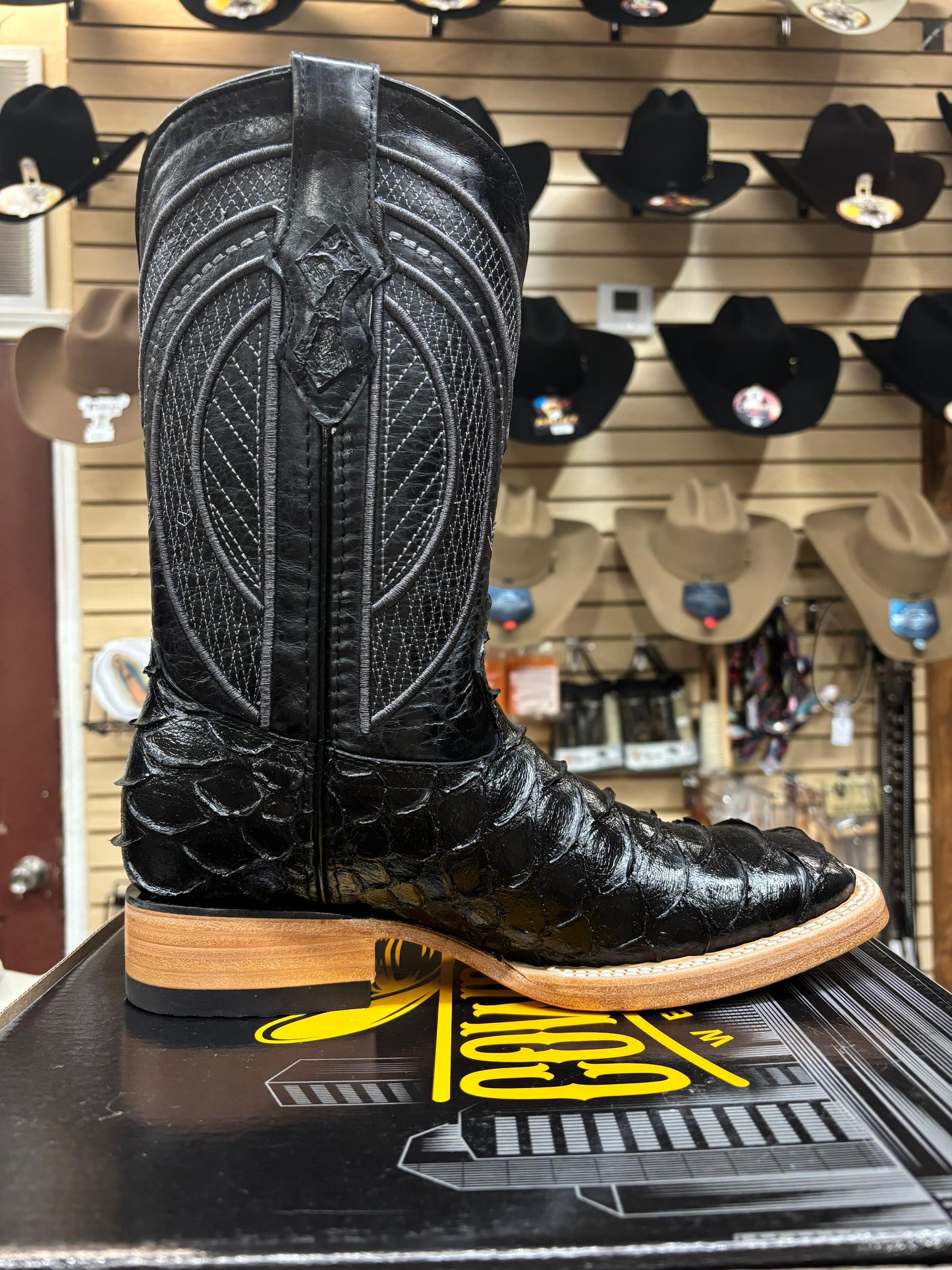 Cowboy City Black Jumbo Python-Print Cowboy Boots