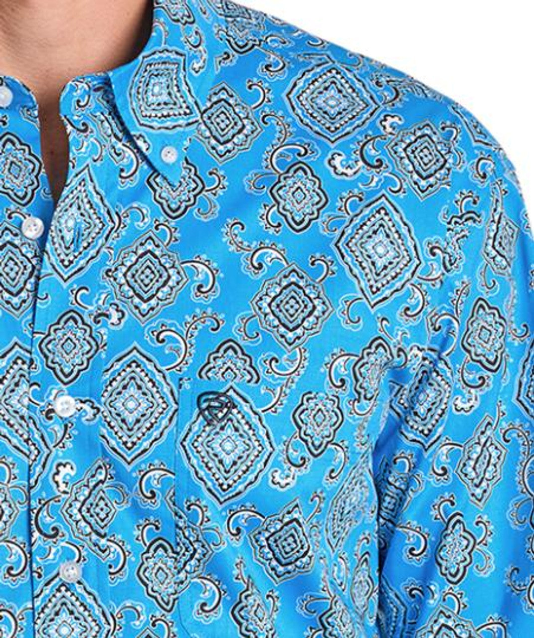 Rock & Roll Denim Men's L/S Turquoise Medallion Print Button Shirt BMB2S07154