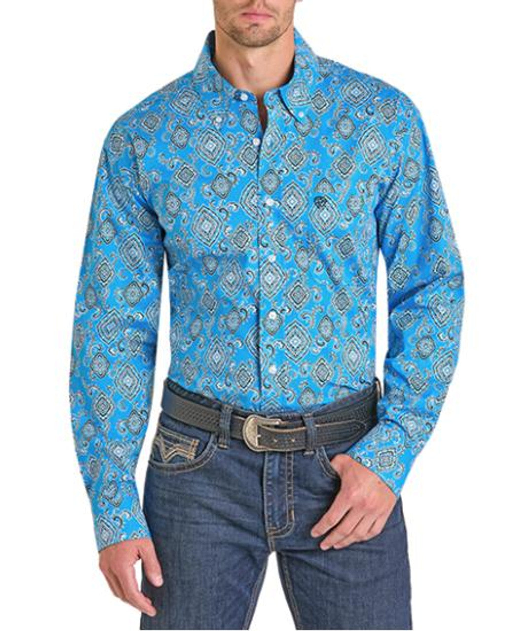 Rock & Roll Denim Men's L/S Turquoise Medallion Print Button Shirt BMB2S07154