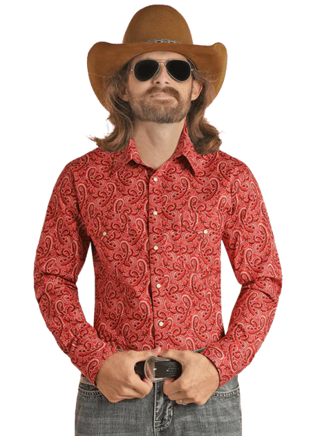 Rock & Roll Men’s Long Sleeve Two Pocket Paisley Dale Snap Red BMN2S02525