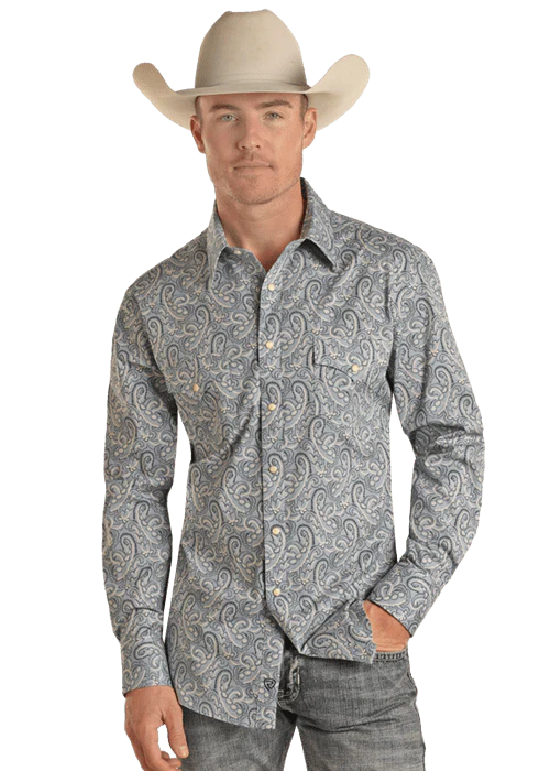 Rock & Roll Men’s Long Sleeve Two Pocket Paisley Woven Snap Blue BMN2S02515